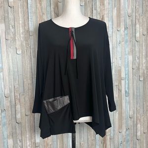 IC Collection Connie K S Black Asymmetric Stretch Knit Top Blouse Faux Leather